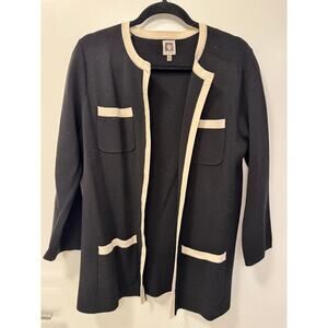 Anne Klein Open Front Black Cream Long Cotton Blend Cardigan Sweater Old Money M